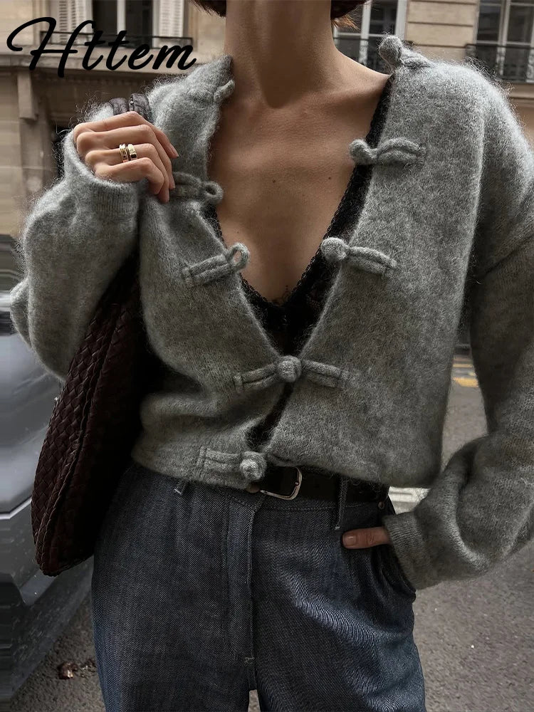 Elegant Knit Grey Women Cardigan Fashion Long Sleeve Button O-neck Female Knitwear 2026 Autumn Winter Fashion Lady Sweater