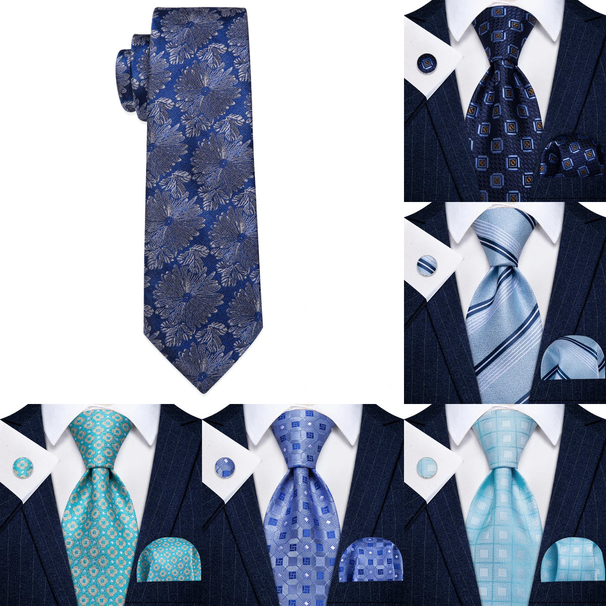 Men Blue Ties Striped Paisley Floral Wedding Party Formal Necktie Handkerchief Cufflinks Gift Dropship
