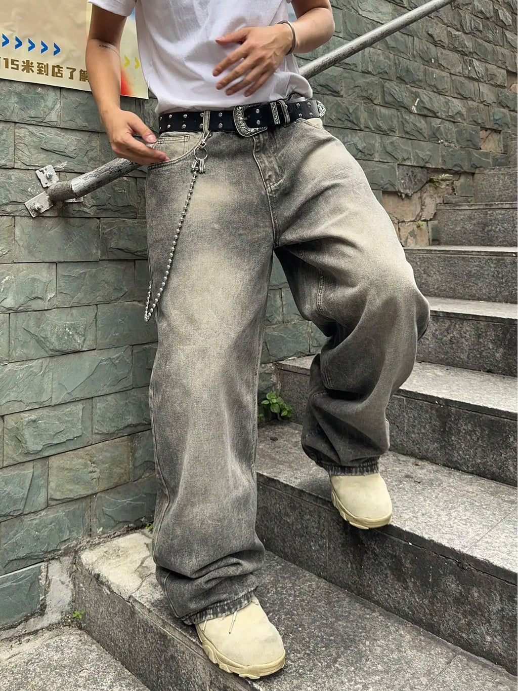 Vintage Men Y2K Gradient Baggy Denim Jeans For Men Washed Casual Loose Denim Pants Streetwear Hip Hop Wide Leg Straight Trousers