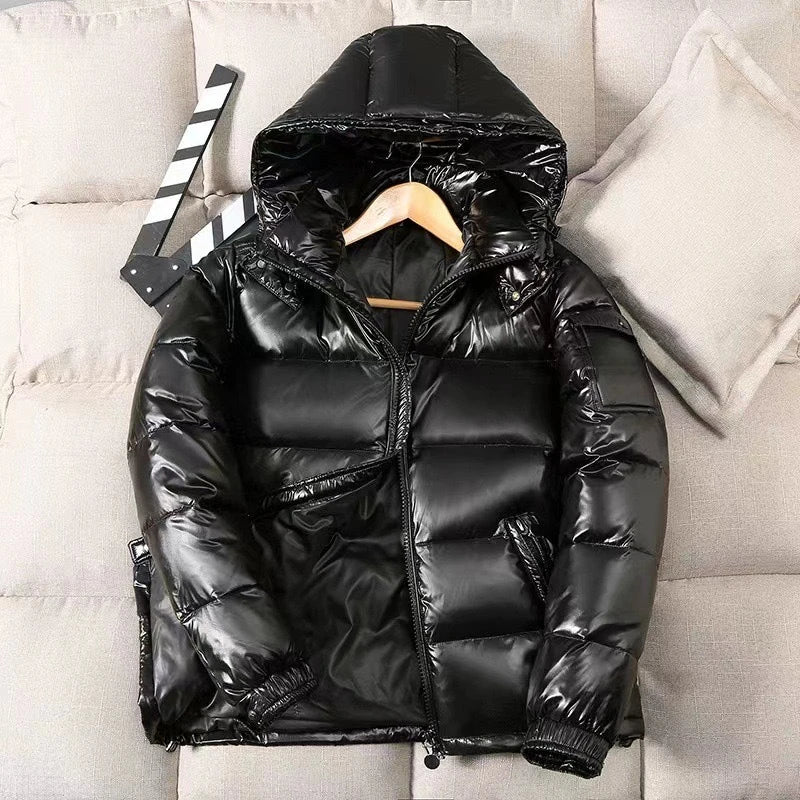New Fashion Men Shiny Puffer Jackets Man Hooded Casual White Duck Down Coats Quality Male Outdoor Windproof Warm Jackets Size 4X