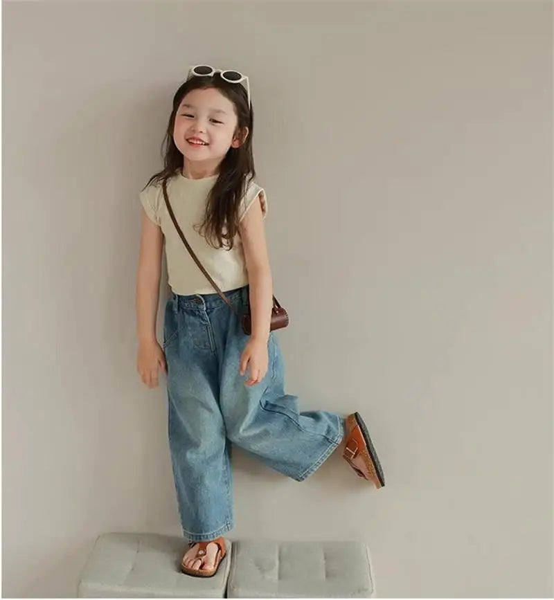 Humor Bear Girls’ Jeans Kids Clothing Summer Baggy Multi-pocket Elastic-waisted Long Jeans Wide-leg Pants Girls Pants