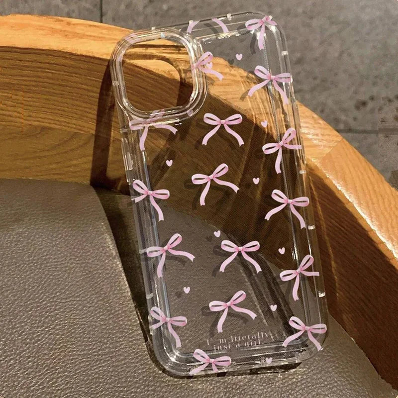 Cute Pink Heart Bow Phone Case for IPhone 18 17 16 15 14 13 12 11 Pro Max 13 12 Mini 17Air 16e Shockproof Soft Clear Cases Coque