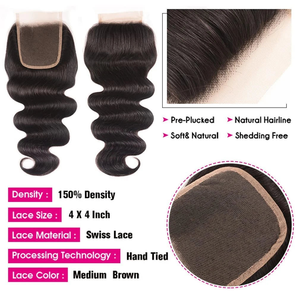 Body Wave 100% Human Hair Bundles With Closure Unprocessed Brazilian 3 Bundles with 4x4 Free Part Lace Closure For Women Remy