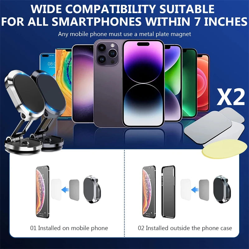 Aluminum Alloy Folding Magnetic Car Phone Holder 360° Rotation Magnetic Cell Phone Holder Bracket Magnetic for All Smartphone