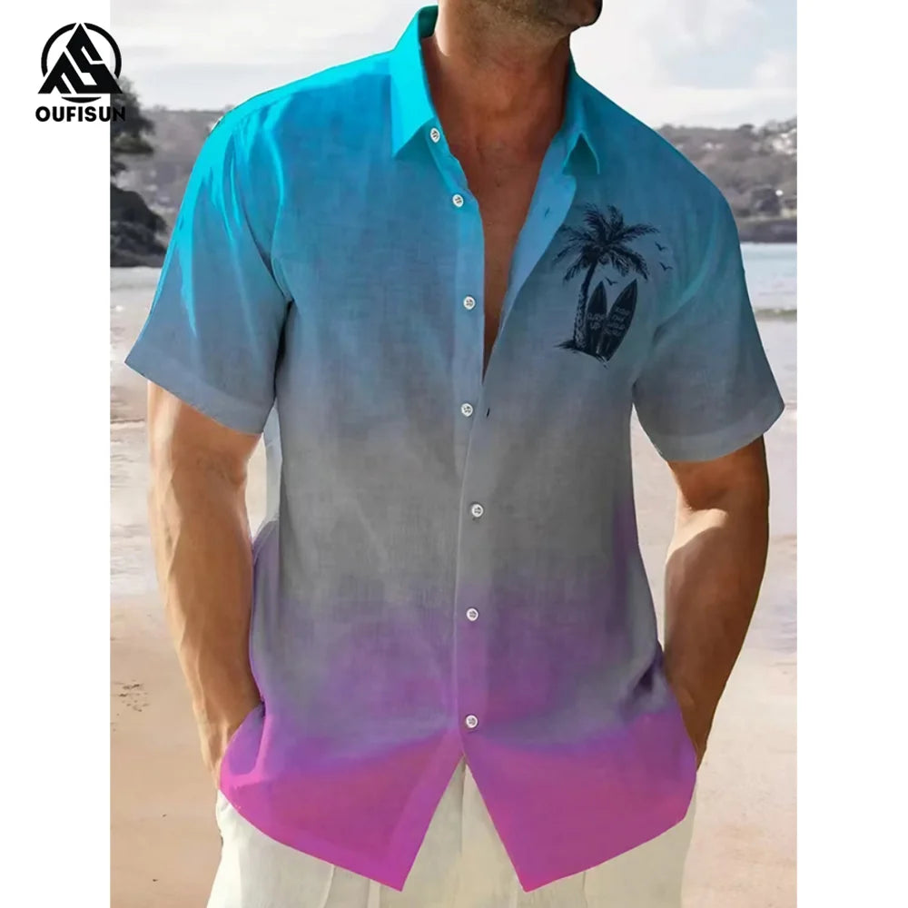 2024 Casual Men's Shirts Summer Clothing Gradient Graphics Apparel Vacation Seaside Oversized Short Sleeve Tops For Male Shirts