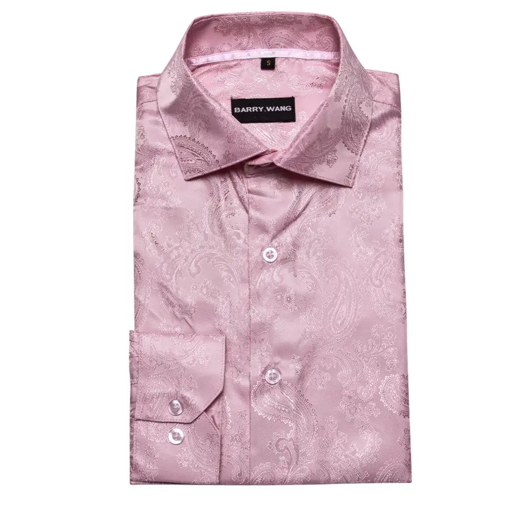 Luxury Shirts for Men Silk Long Sleeve Pink Paisley Slim Fit Male Blouses Casual Formal Tops Breathable Barry Wang