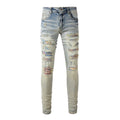 Men's Cracked Patch Biker Jeans Streetwear Patchwork Skinny Tapered Pants Vintage Stretch Denim Ripped Distressed Trousers