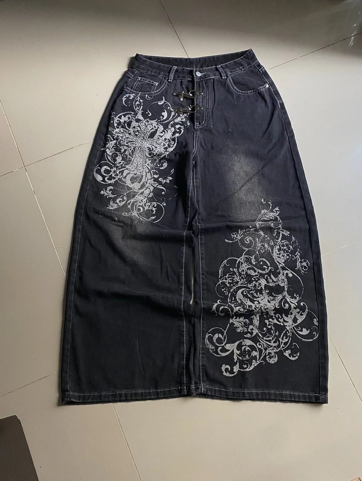 2026 new wash jeans printing double pocket baggy jeans men high street retro hip hop fashion casual couple wide-leg denim pants