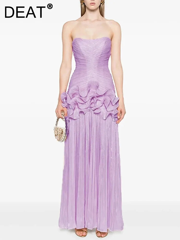 DEAT Elegant Dress Strapless Stringy Selvedge Splice Pleated Long Women's Evening Party Dresses 2026 Summer New Fashion 35Z2459