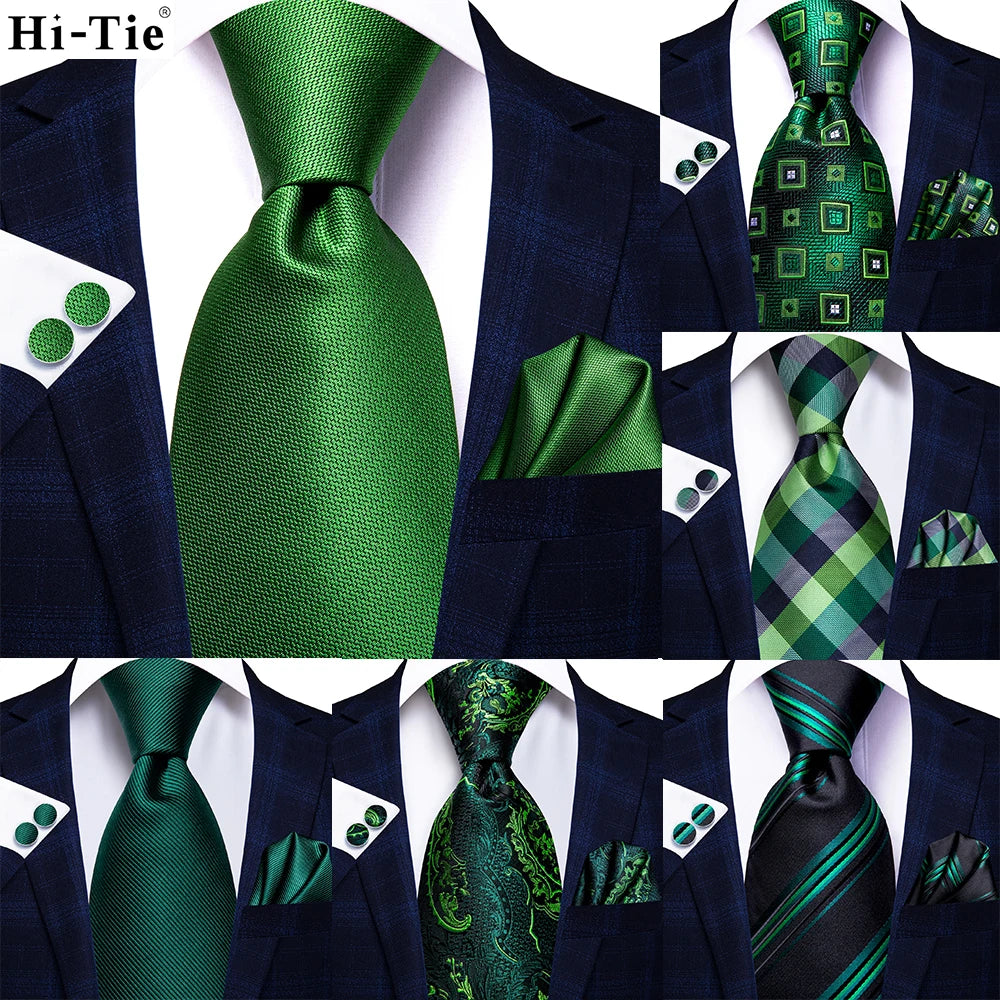 Hi-Tie Designer Green Solid Striped Paisley Wedding Tie For Men Necktie Hanky Cufflink Fashion Business Party Dropshipping