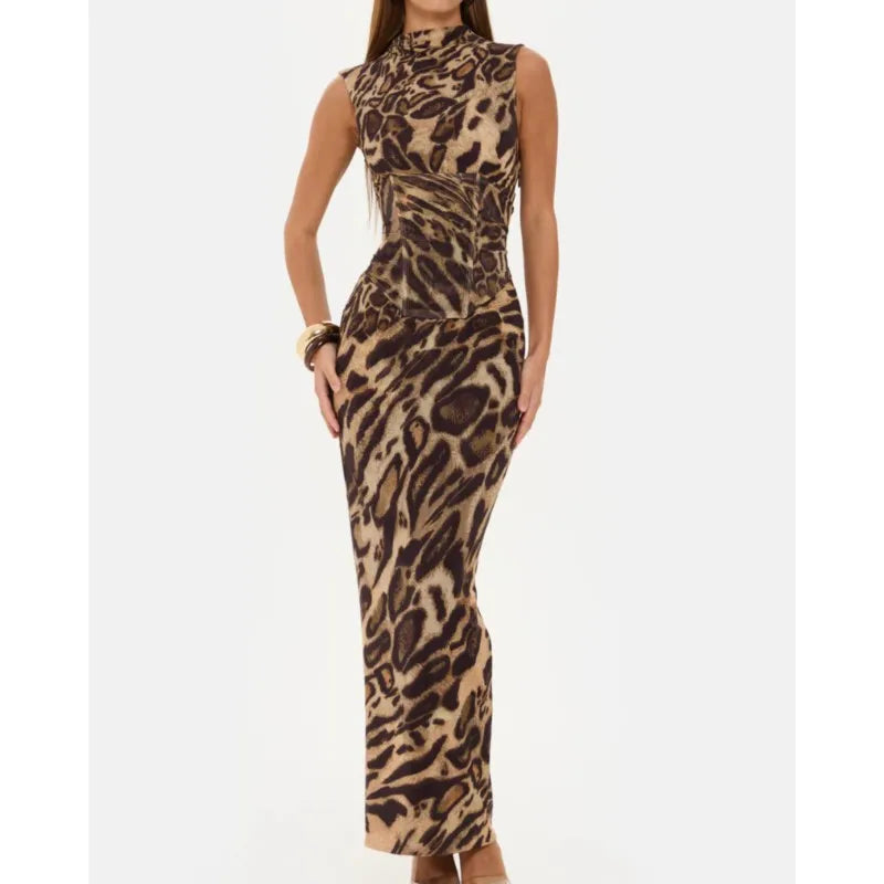 Leopard Print Dress Women's Temperament Waist Slim Fishbone Fixed Drawstring Dress Spring Summer Sleeveless Commuting Long Skirt