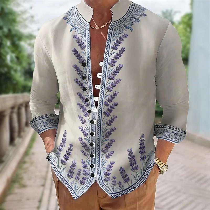 Flower, Digital Printing, Fashion Trend, Street Outdoor, High-Quality and Comfortable Men's Linen Short Sleeved Casual Shirt