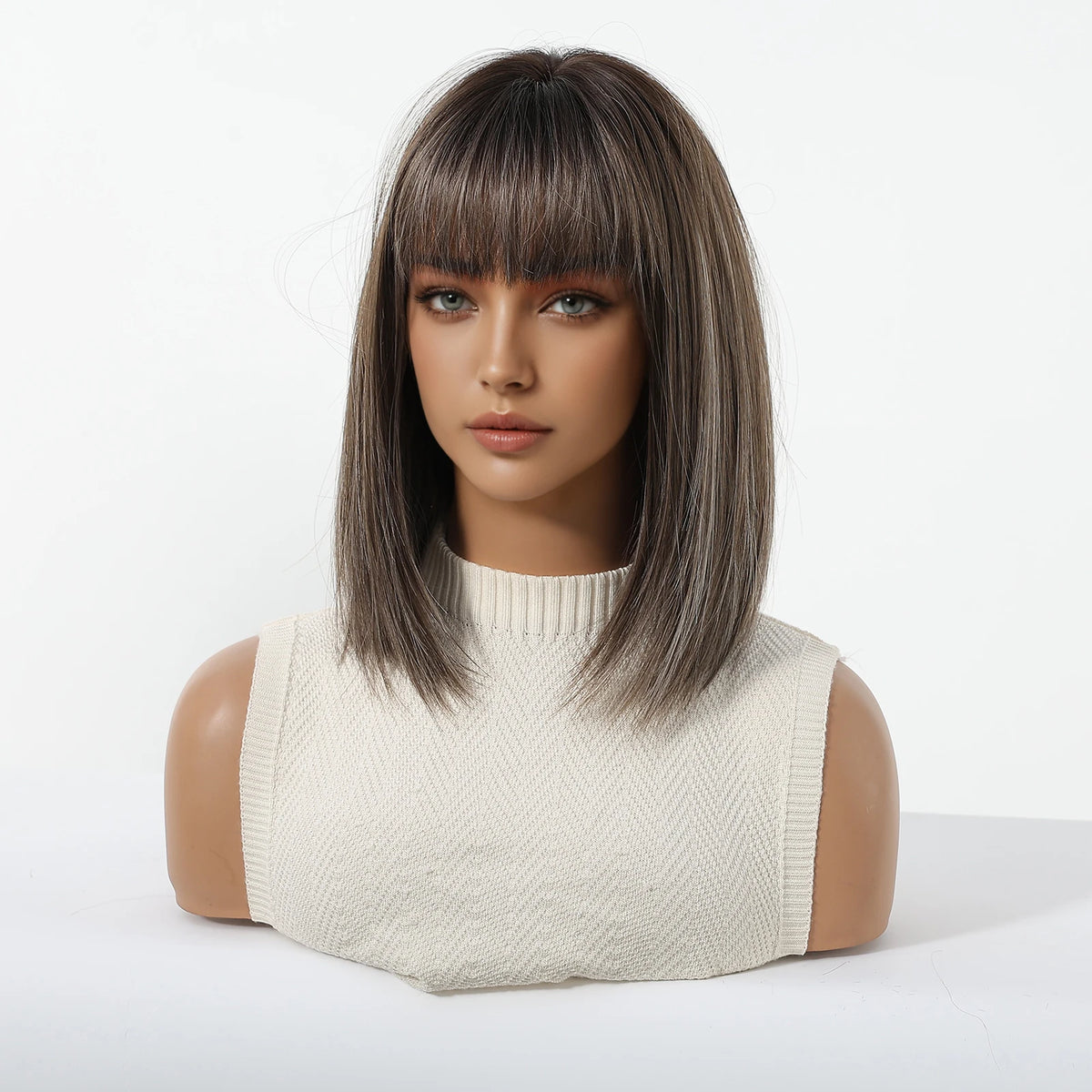 Brown Synthetic Wigs With Bangs Short Straight Bob Wigs For Women Daily Party Natural Looking Heat Resistant Fiber Fake Hair