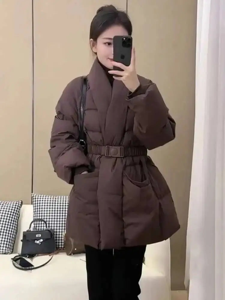 LANMREM Cotton Padded Coat With Belt Long Sleeves Big Size Solid Warm Jacket 2024 Winter New Female Fashion Streetwear 2Z288516
