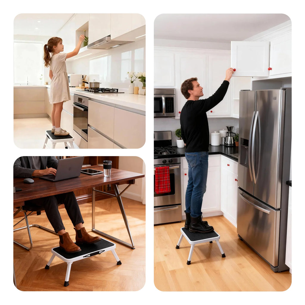 MCQ 1-Step Ladder with Carrying Handle  330lbs Capacity Sturdy Metal Stool Foldable with Non-Slip Platform Rubber Feet  for Home