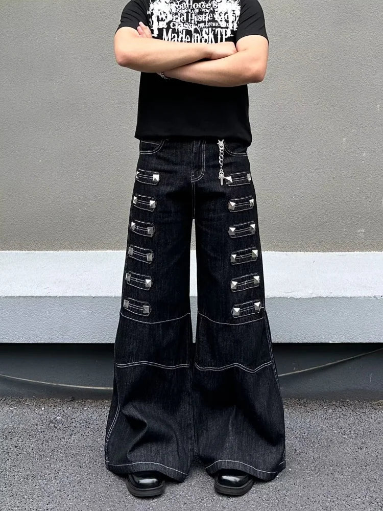 2026 Punk Y2K Style Rivet Design Black Baggy Jeans Pants For Men Clothing Wide Leg Cotton New Rock Long Trousers Pantaloni Uomo