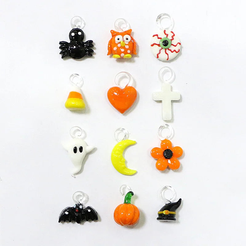 Halloween Decor Cute Glass Tree Figurine Ornaments with Mini Owl Spider Bat Pumpkin Cross Ghost Evil Eye Heart Moon Hat Pendant