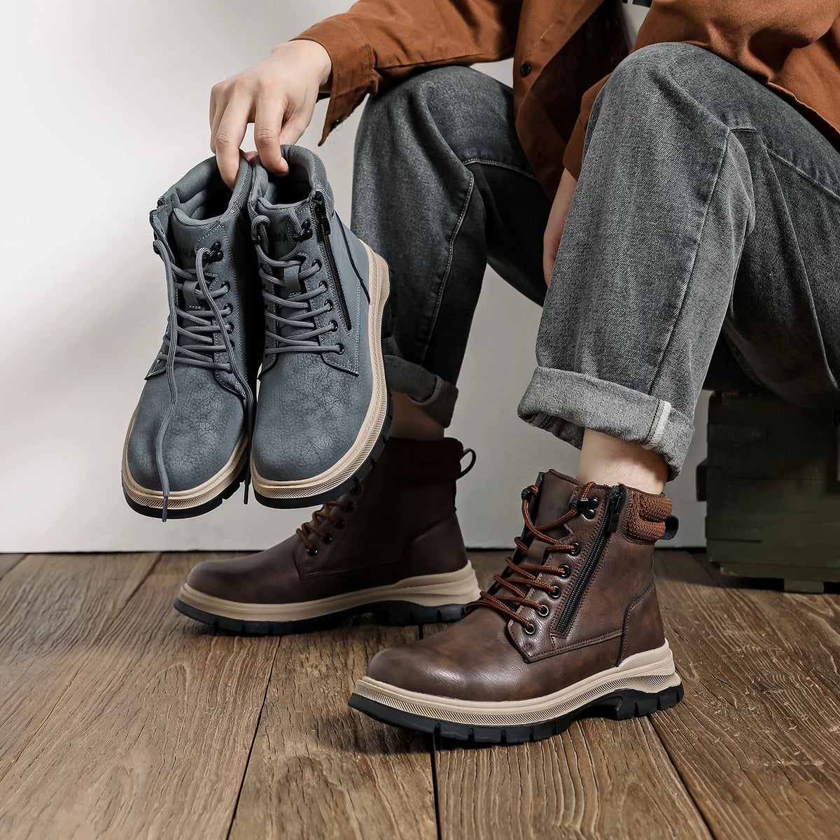 Safety Boots Brown Waterproof Men's Steel Toe Shoes Work Anti-drop Anti-piercing Strong Durable Protective Shoes Indestructible