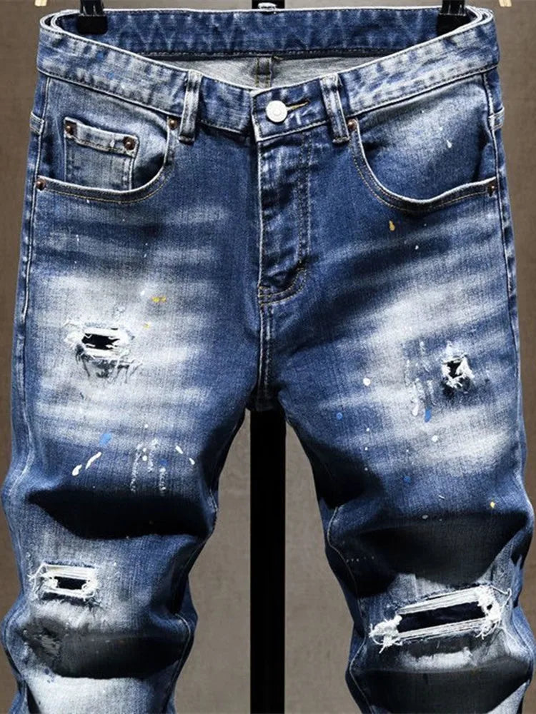 Spring and Autumn New Fashion Trend Straight Tube Perforated Elastic Jeans Men's Casual Slim Fit Sports High-Quality Pants 28-36