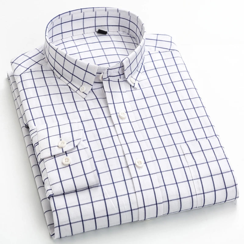 New in Shirt 100% Cotton Long-Sleeve Shirts for Men Slim Fit Plain Shirt Thin Plaid Striped Tops Fashion Elegants Office Clothes