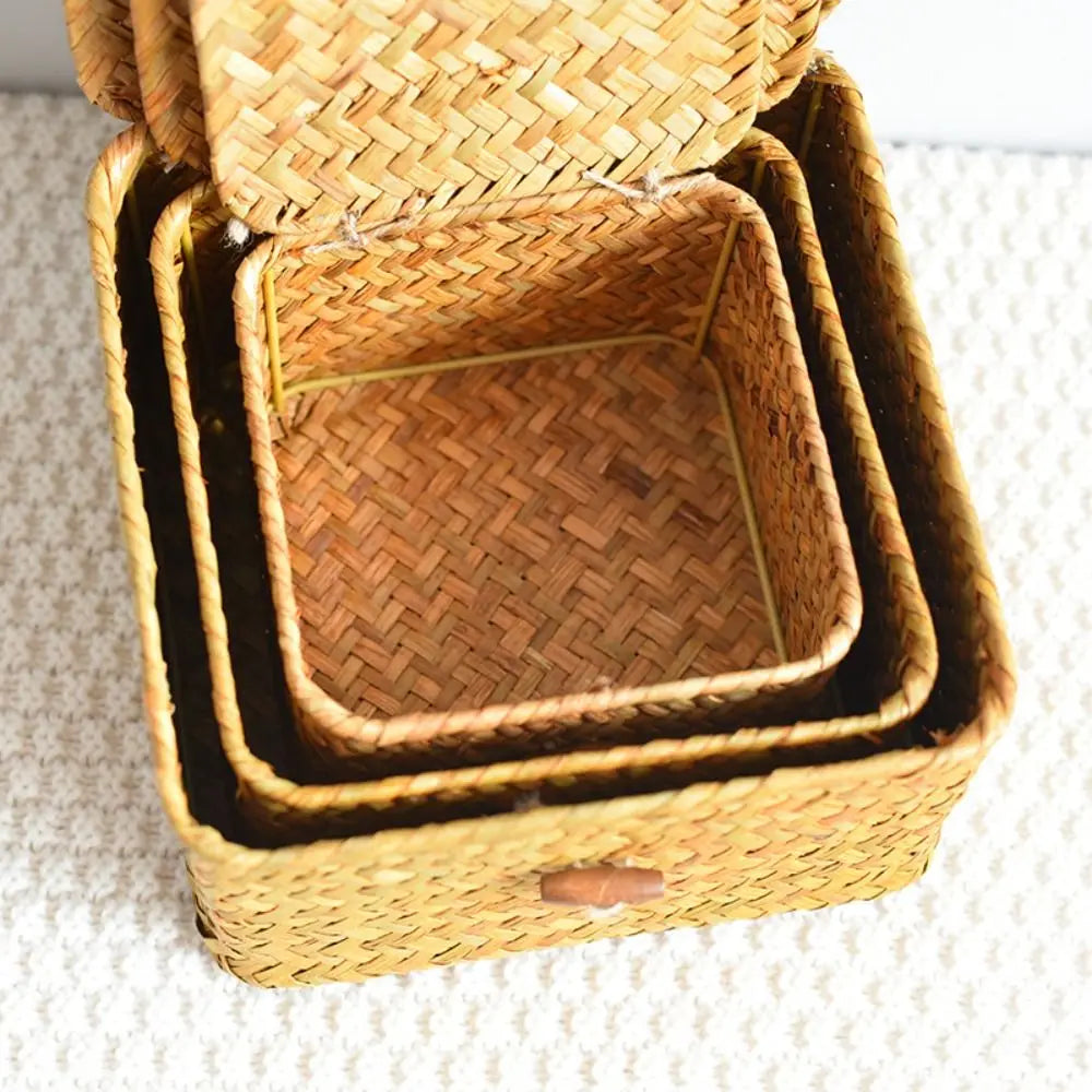 Rattan Weaving Wicker Shelf Baskets New Lid Rectangular Bin Handwoven Home Organizer Bedroom