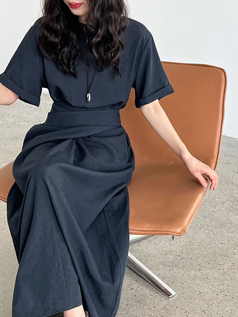 Dress for Women Korean Style Fashionable Casual Strap Short Sleeved Summer New Item with Waist Cinching for Slimming Effect