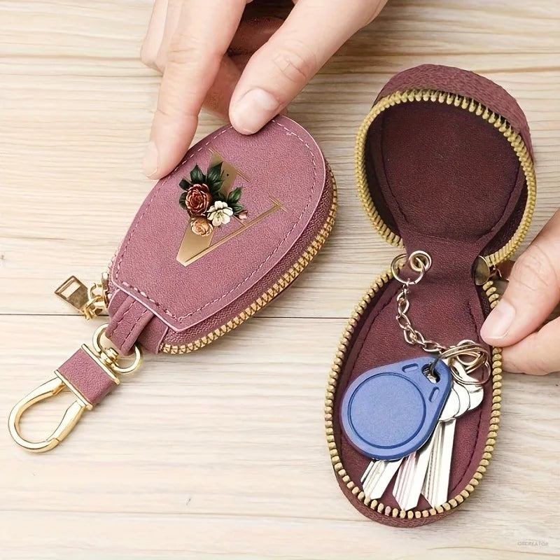 Matte rose color, unisex, 26-letter coin purse, car key gift set, PU leather car smart key bag