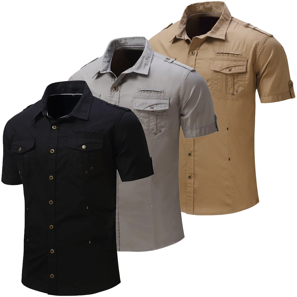2025 New Fashion Men's Short Sleeve Safari Shirt Tops Summer 100% Cotton Solid Color Casual Cargo Work Shirts with Pocket