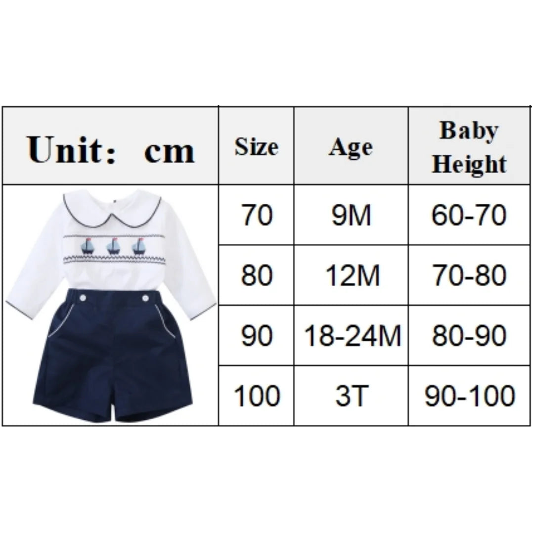 Baby Boy's 2 Pieces Summer Boutique Clothing Set Smocking Boat Design for Infant Daily Dress Toddler School Uniform Cotton Suit