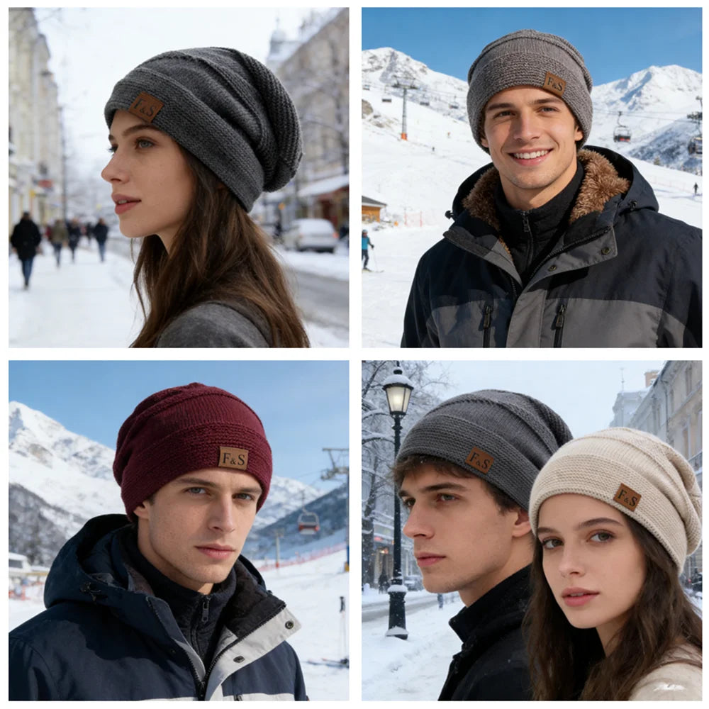 Hot Sale Unisex Classic Slouchy Winter Hats Plush Fur Lined Warm Beanie Cap Men Women Casual FS Label Decor Winter Knitted Hats