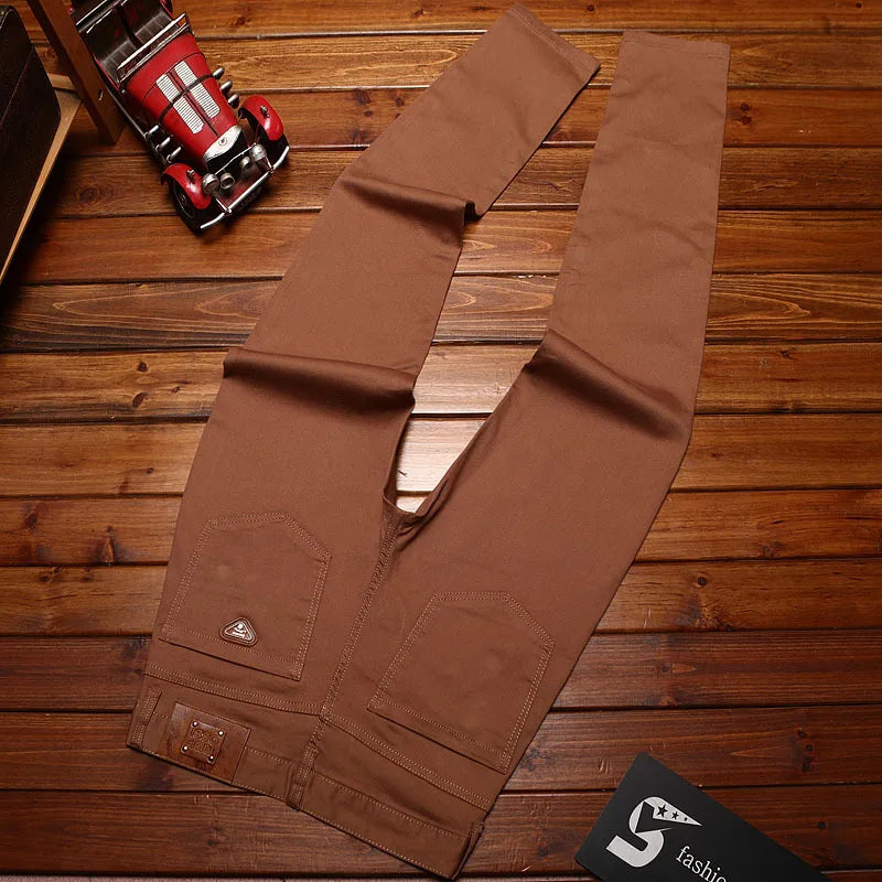 Hong Kong Spring Khaki Denim Jeans Men's Trendy Embroidered Slim Fit Casual Pants High End Lightweight Ankle-Length Trousers