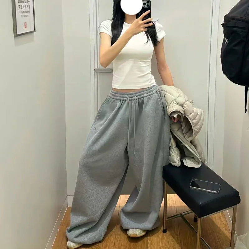 Retro Lazy Style Wide Leg Sweatpants Loose Sporty Floor-Length Trousers Autumn Winter Casual Comfortable Long Pants