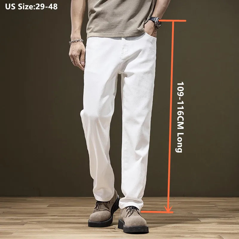 Tall Man White Jeans Straight Extra Long Boys Lengthened Plus Size 42 44 46 48 Loose Cotton Stretched Denim Pants Male Trousers