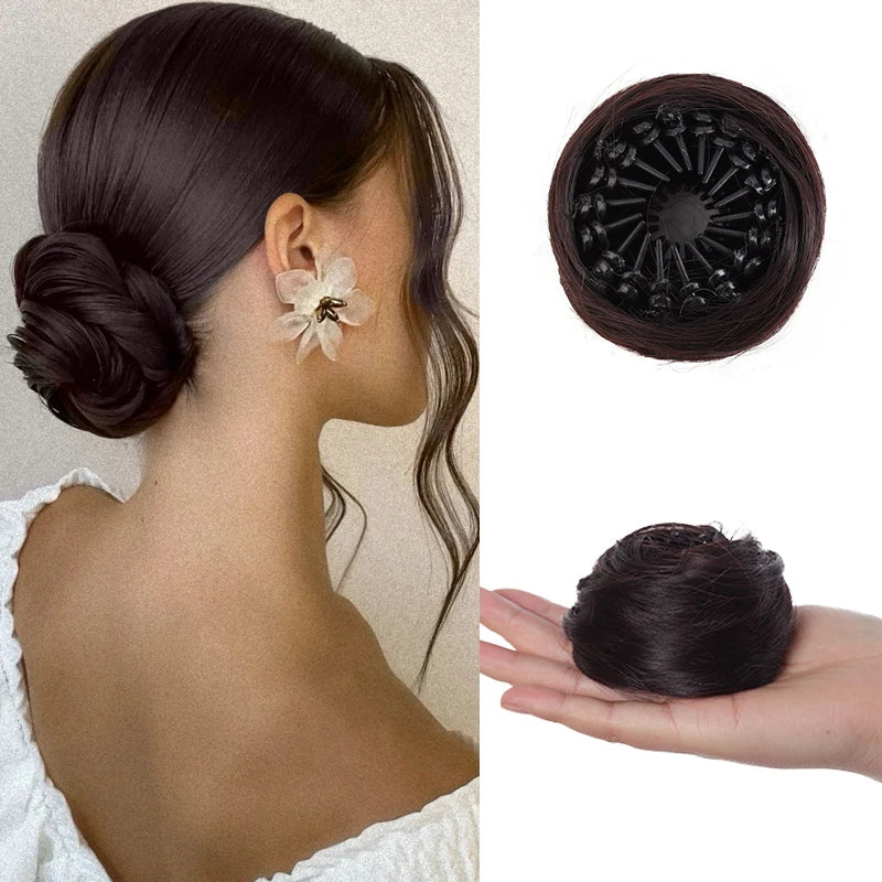 Synthetic Chignon Wig Hair Bun Extensions Retractable Bun Hairpiece Straight Donut Chignon Updo Hair for Women All Occasions Use