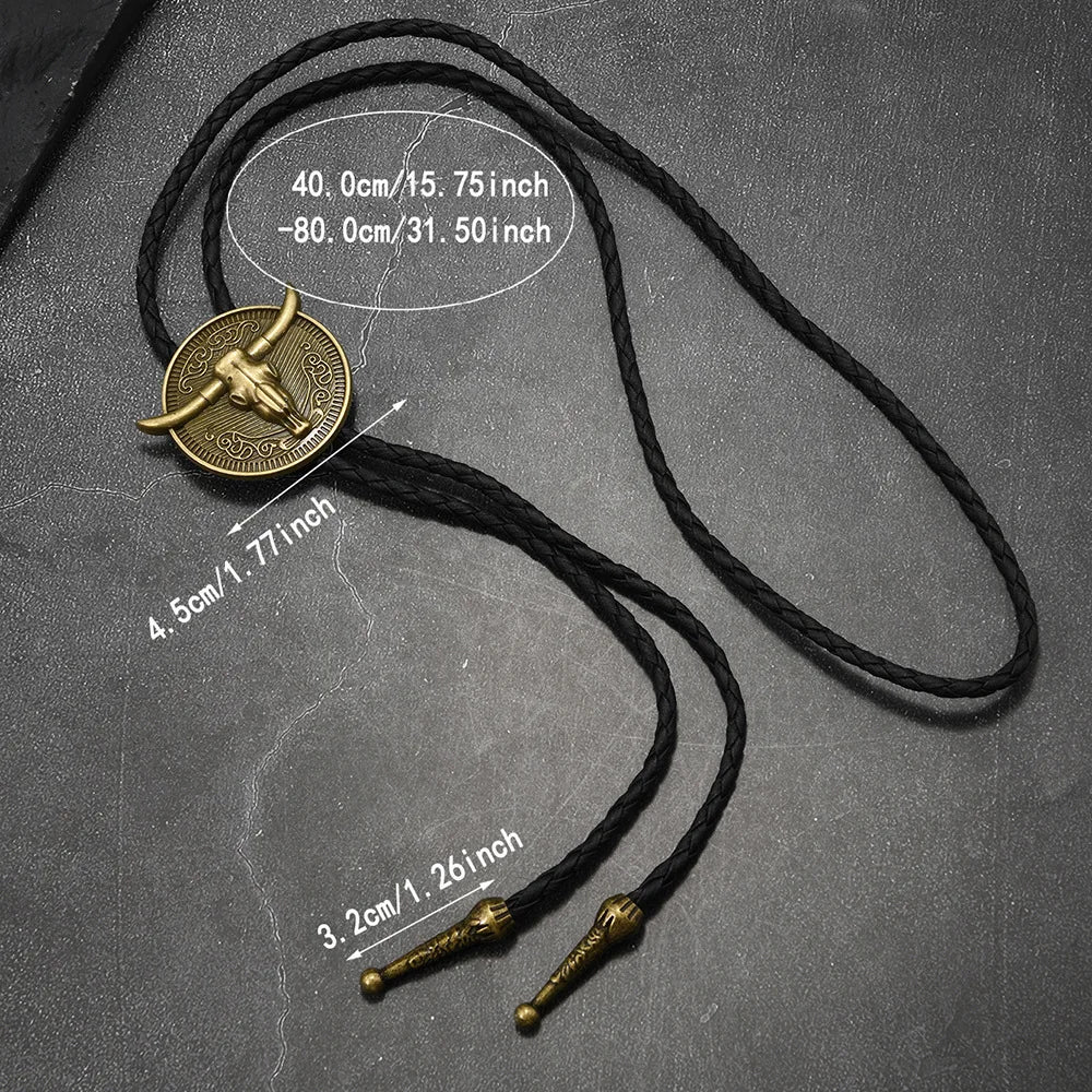 New Western Cowboy Style Bull Head Alloy Leather Bolo Tie Long Necklace for Men High Quality Fashion Jewelry Accessory