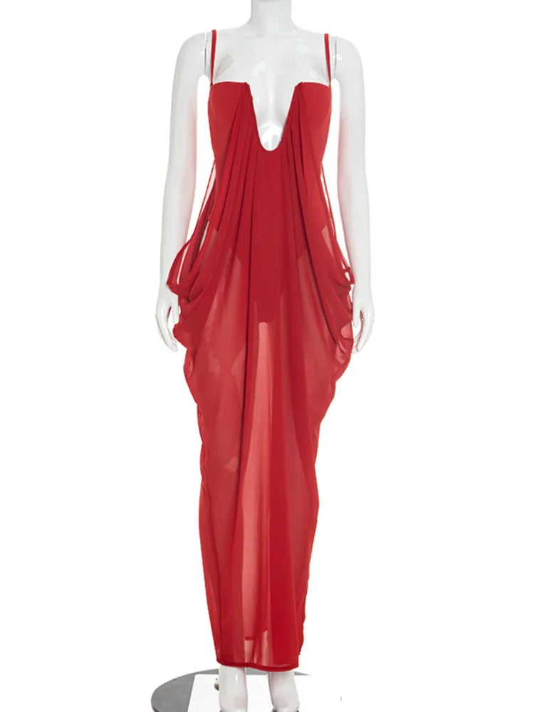 Sibybo Patchwork Sheer Mesh Draped Women Maxi Dress Sexy Deep V Neck Spaghetti Strap Party Evening Gown Summer Vacation Outfits