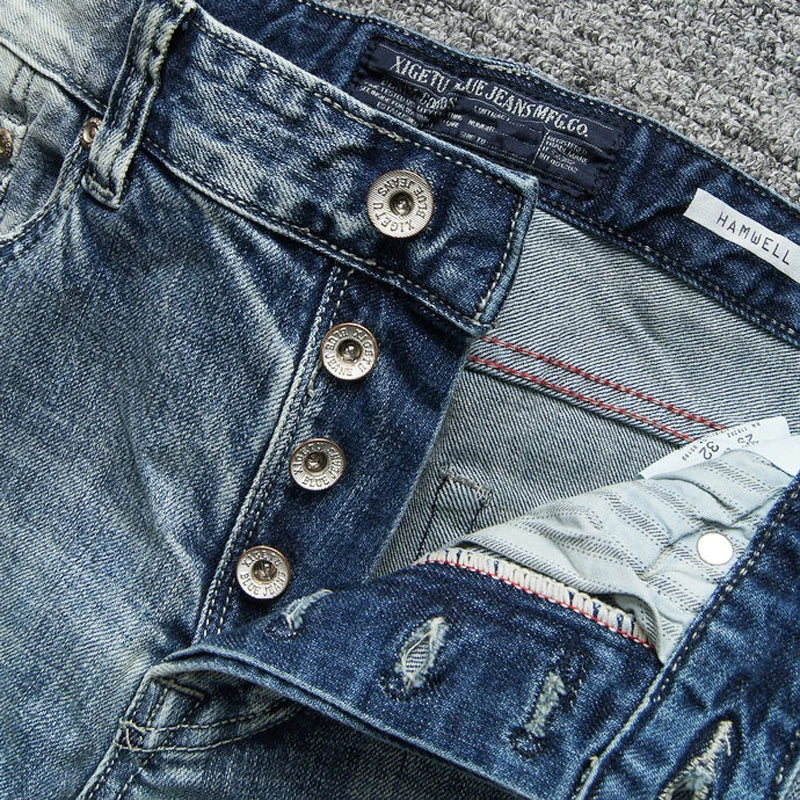 Italian Style Fashion Men Jeans Retro Light Blue Stretch Slim Fit Ripped Jeans Men Y2K Vintage Casual Denim Pants Hombre