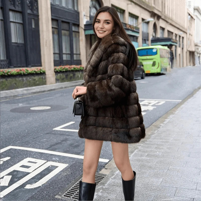 Open-front, button-down, hooded, plush women's coat, mink mid-length fur coat, winter warm windbreaker