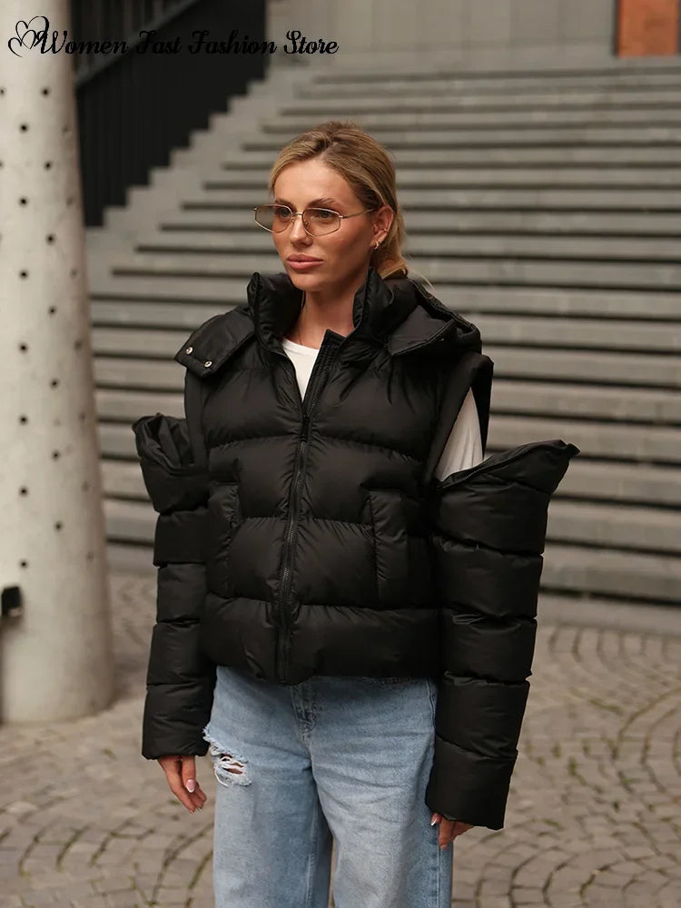 Detachable Sleeve Hooded Quilted Jackets 2026 Winter Ladies Solid 2-in-1 Zippers Waistcoat Cotton Coats Women's Warm Outwear