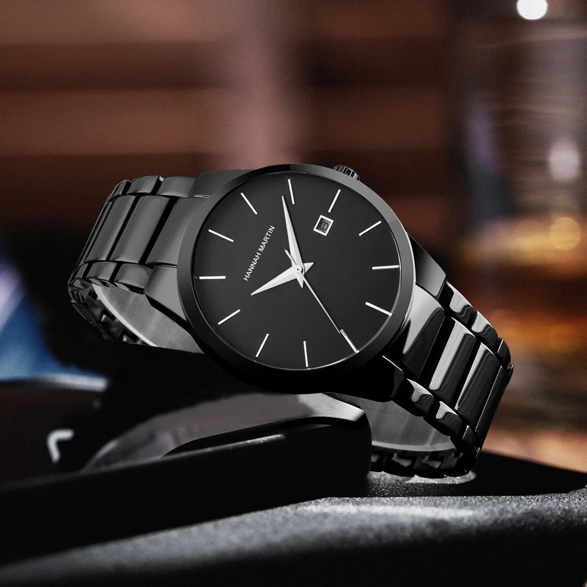 Hannah Martin Men's Stainless Steel Watch Fashion Business Style Black Minimalist Style 3Bar Waterproof Quartz Movement Watches