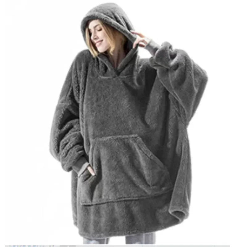 Autumn Winter Men Women Double Sided Velvet Hoodie Thick Coat Can Wear Blanket Couple's New Home Loose Hooded For Male Clothes