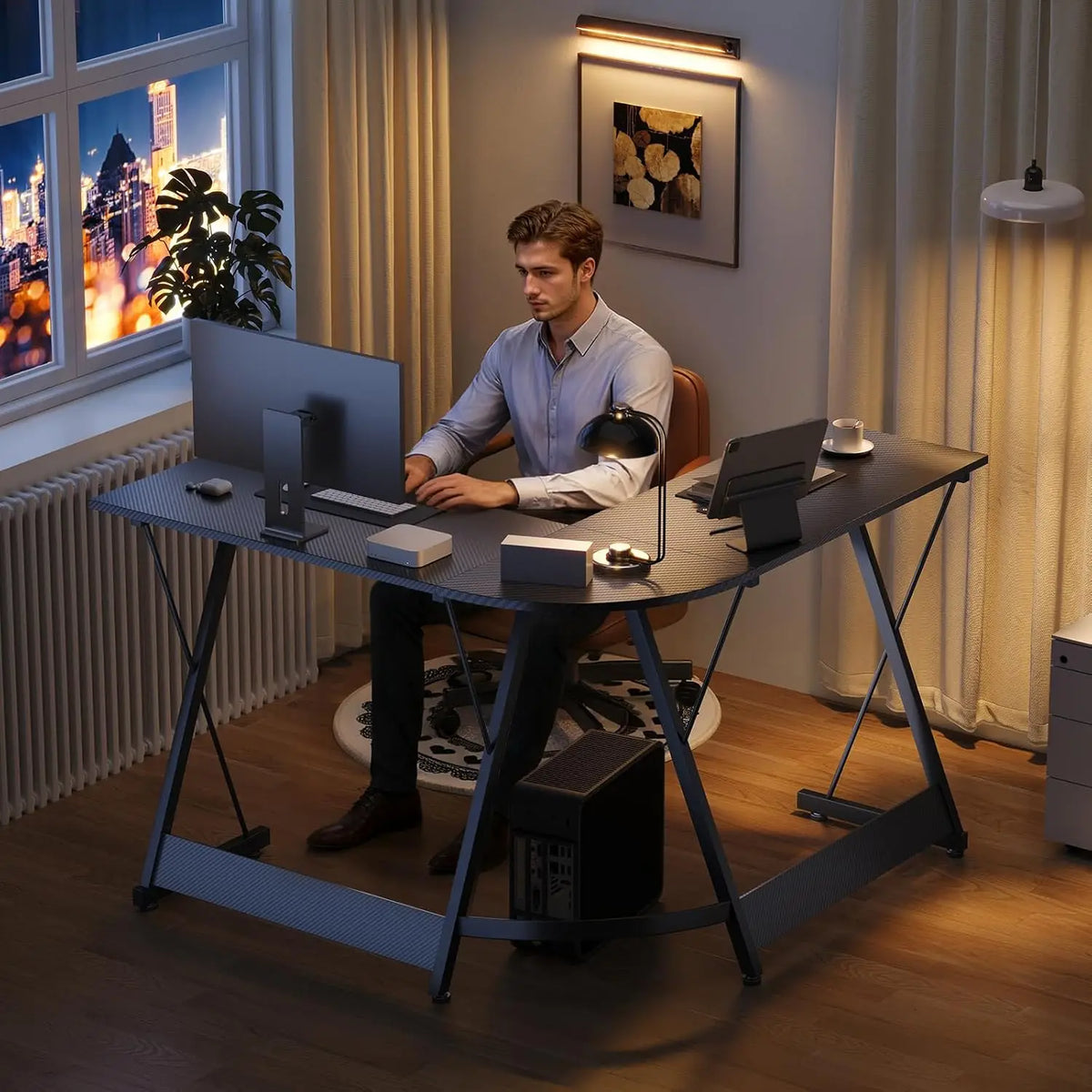 Coleshome L Shaped Gaming Desk, 120×120 cm Corner Computer Desk for Gaming, Home, Office, Carbon Fibre Black