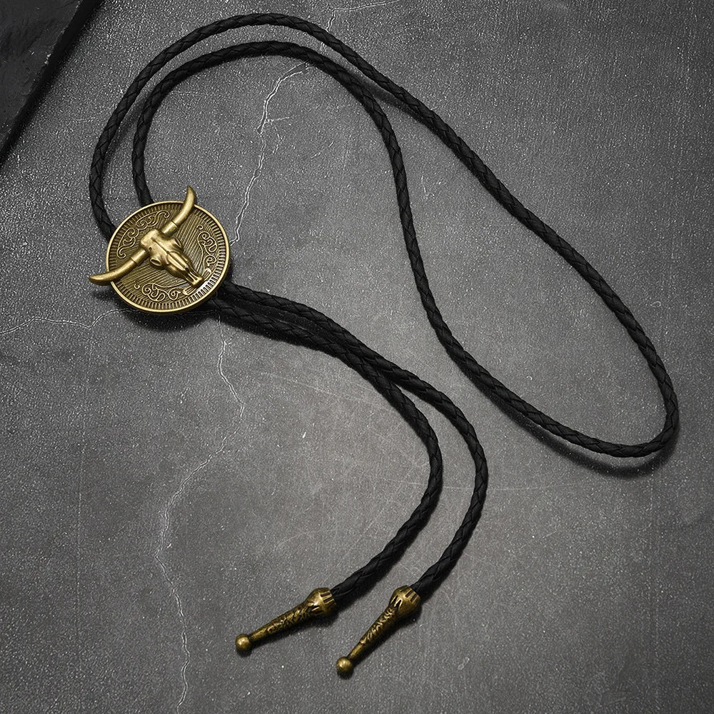 New Western Cowboy Style Bull Head Alloy Leather Bolo Tie Long Necklace for Men High Quality Fashion Jewelry Accessory