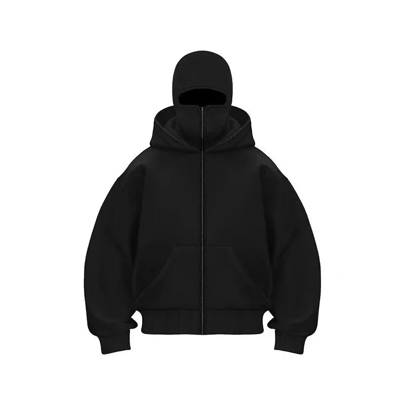 Men's and women's Balaclava Y2K Gothic Harajuku winter new item double hooded sweatshirt men's hooded mask zipper sportswear