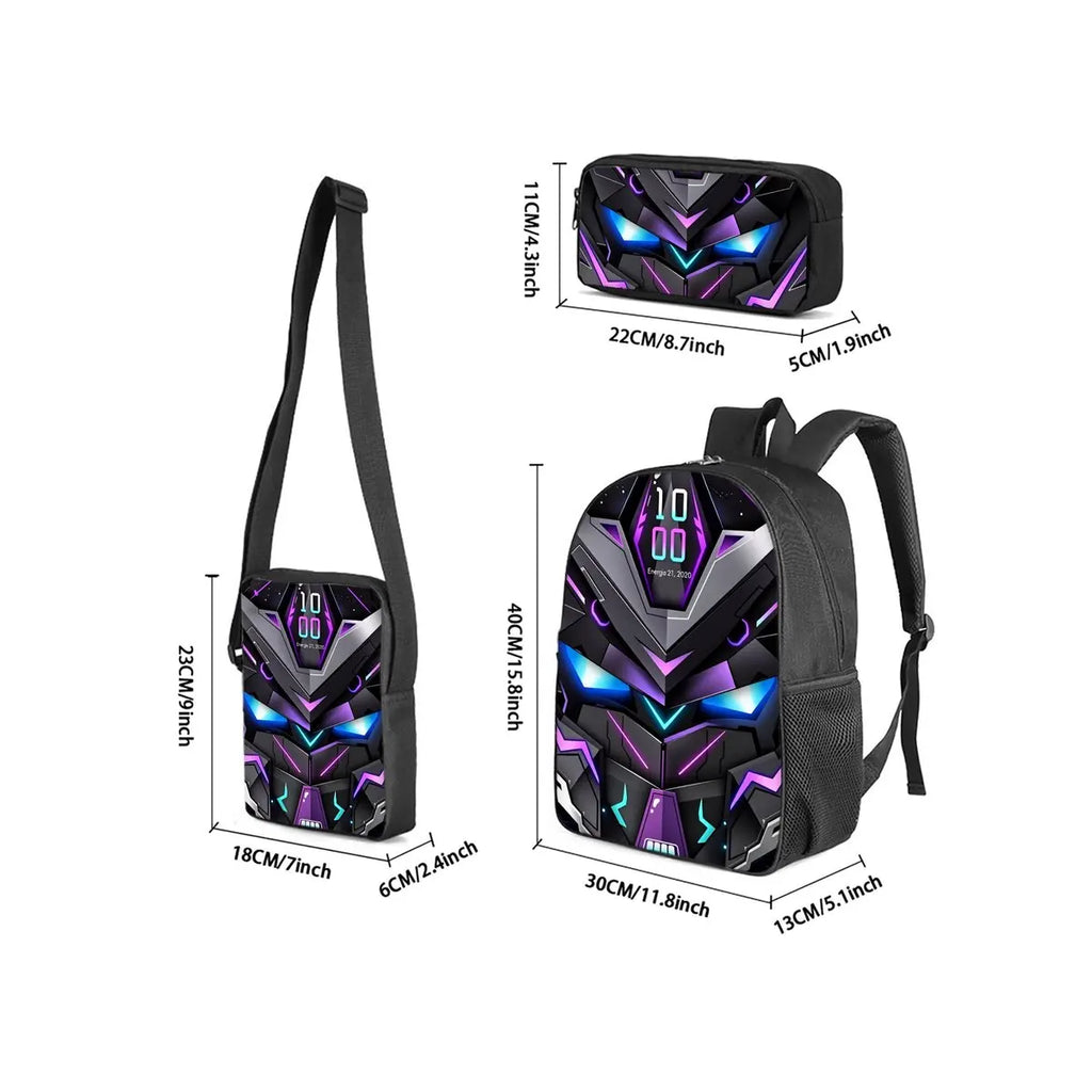 Mechanical Robots Print 3Pcs/Set Backpack with Messenger Bags ,Pencil Bags for Boy/Girl Best Gift Cartoon Student School Bags