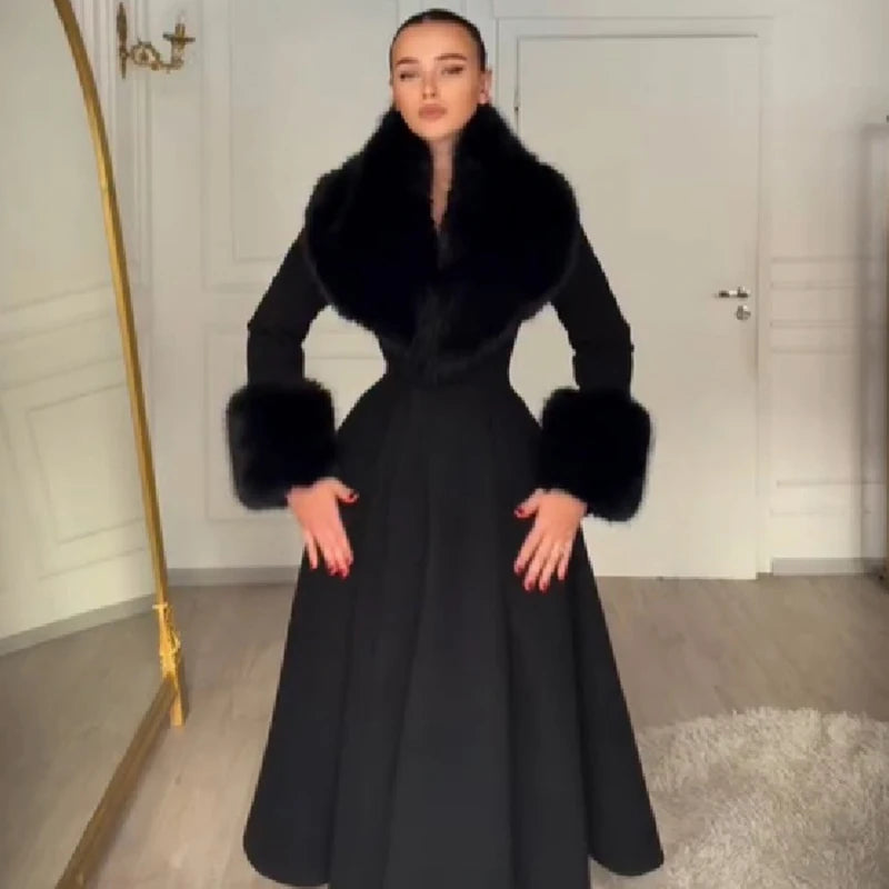 Women Elegant Long Wool Blend Coat Faux Fur Big Collar Cuff Cinched Waist Flare A‑line Maxi Coat Retro Party Outerwear Overcoat