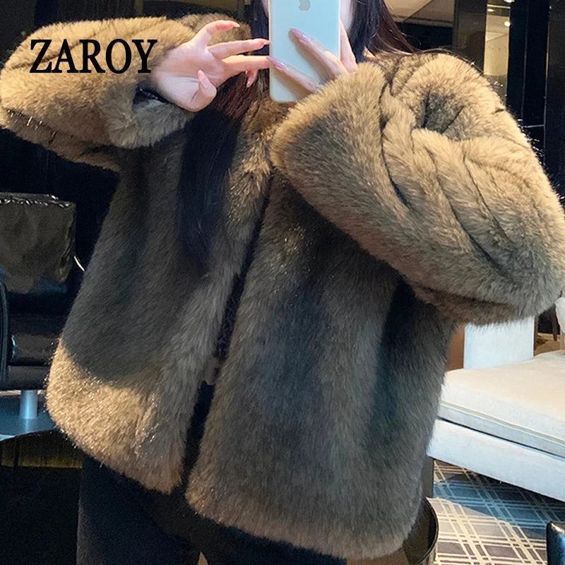 ZAROY Winter Women Faux Fur Coat Luxury Elegant O Neck Cardigan Fur Jackets Warm Shaggy Fur Overcoat Party Banquet шуба женская
