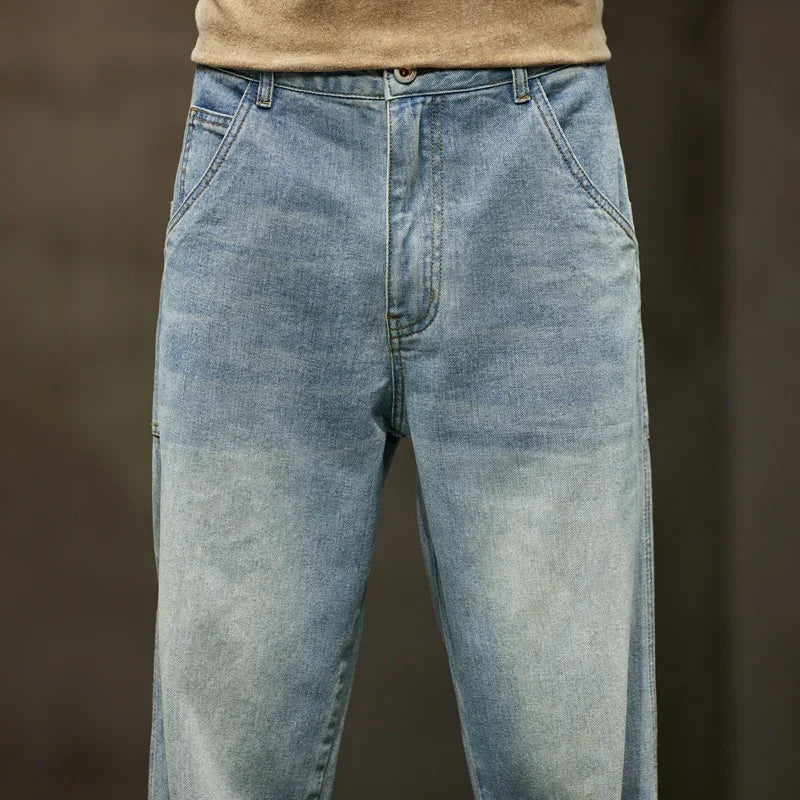 2024 Autumn New Solid Color Jeans Men's Four Seasons Loose Versatile Straight Pants Korean Style Trendy Workwear Long Pants