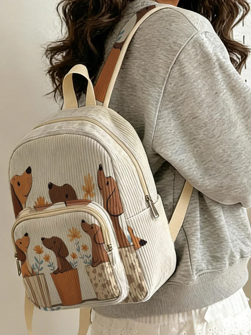 Dachshund Dog Print Allover Women Fashion Backpack Corduroy Multi-pocket Large Capacity Commuter Bag