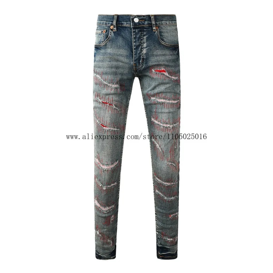 High Street New Trendy Men's Jeans Low Rise Stretch PantsSkinny Button Fly Ripped Retro Hold Trousers